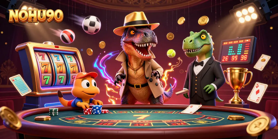 Experience the thrill of NOHU90 casino with dynamic characters and vibrant game elements in an ultra-detailed illustration.