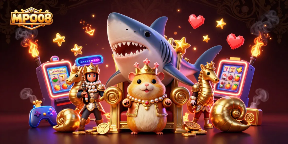 MPO08 offers a dynamic online casino experience featuring a tiny golden hamster king and colorful slot machines.
