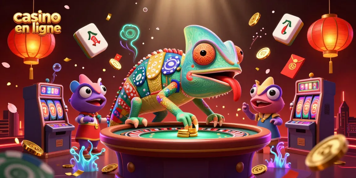 Illustration d'un caméléon propriétaire de casino en ligne, capturant des pièces d'or et entouré de symboles de jeu dynamiques.