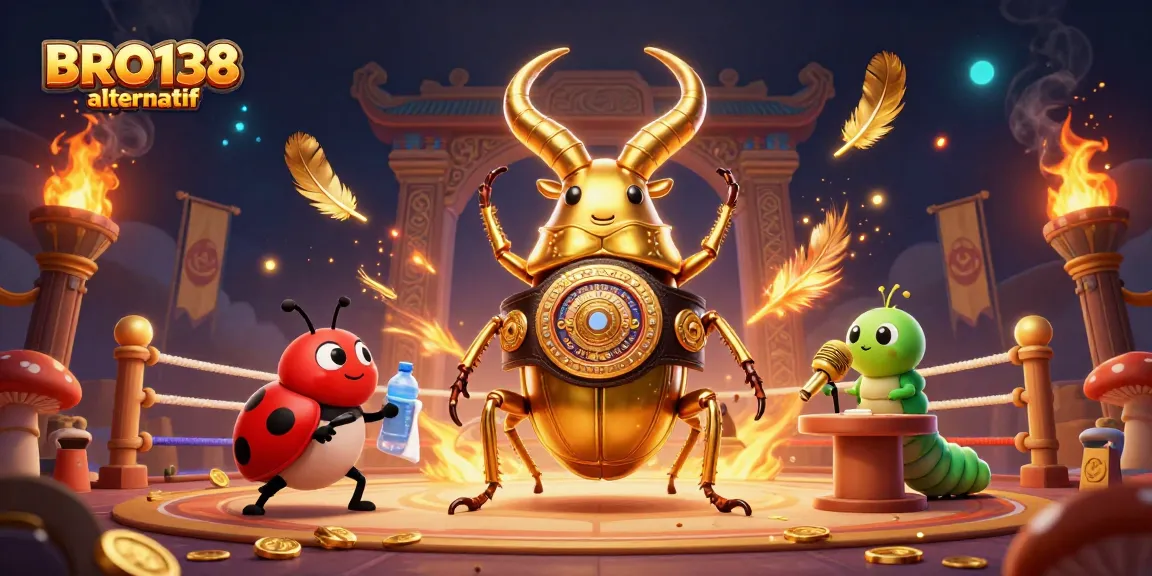 BRO138 alternatif showcases a thrilling scene of a giant golden beetle champion in a vibrant casino arena.