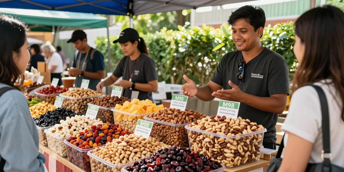 Colorful market scene showcasing fresh nuts and dried fruits with M98 ฝาก-ถอน labeling, highlighting health benefits.