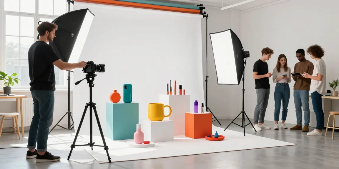 Fotografo prodotti Milano in studio mentre scatta foto a prodotti di moda e cosmetici.