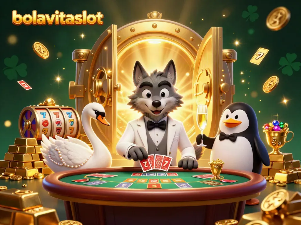 Join the excitement with bolavitaslot as a debonair wolf reviews slot gaming at a baccarat table.