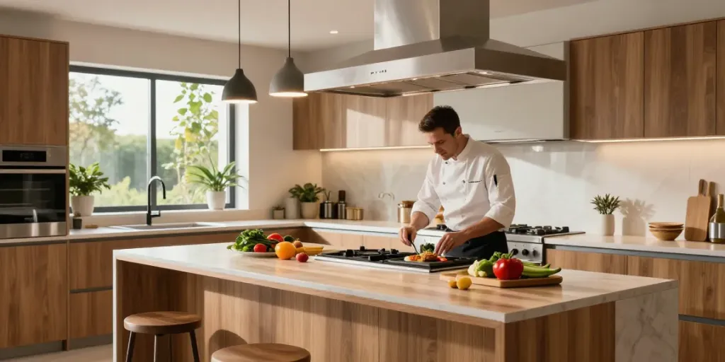 Elegant kitchen with an island cooker extractor hood and a chef cooking.
