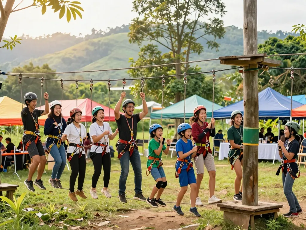 Grup yang berpartisipasi dalam aktivitas outbound jogja di tengah perbukitan dan pepohonan yang indah.