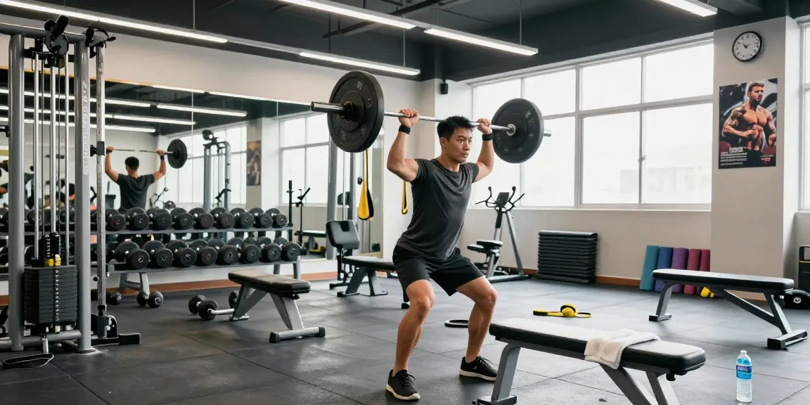 Driada Shop gym scene showcasing an athletic man lifting weights, surrounded by fitness equipment, emphasizing strength training.