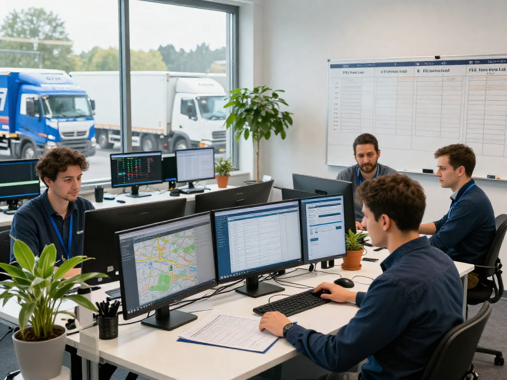 Ocargo FTL Transport in Dortmund am Logistikstandort mit Businessteam, das Transportabläufe koordiniert.