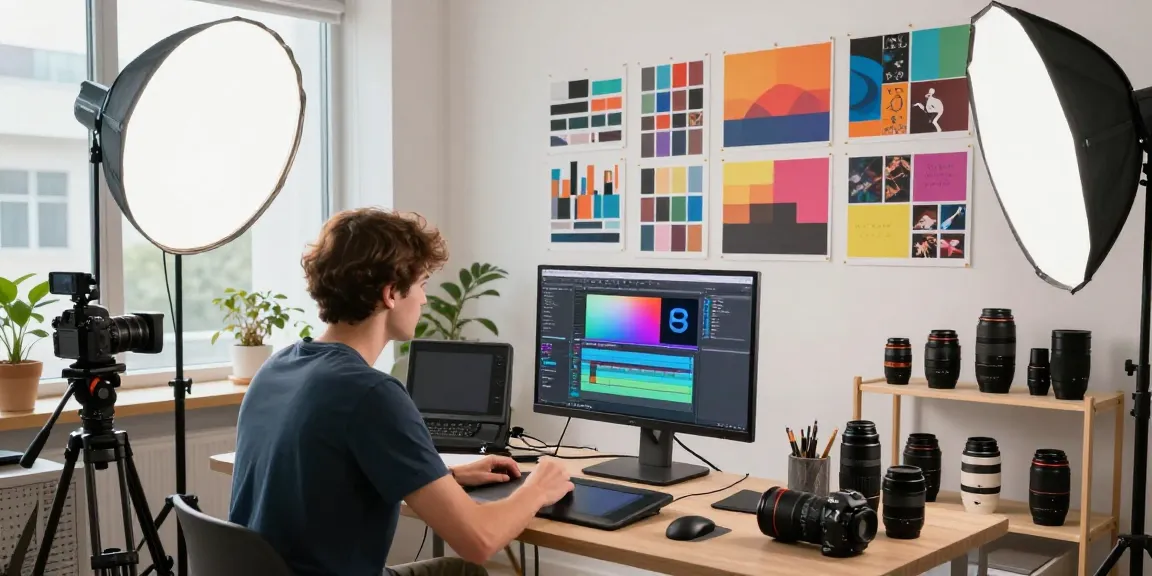 After Effects and color grading workshop scene with a videographer editing, showcasing engaging workspace and vibrant atmosphere.