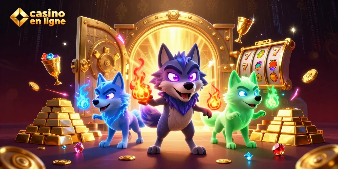 Jouez au casino en ligne avec un chef de meute loup en 3D entouré d'éléments de jeu scintillants.