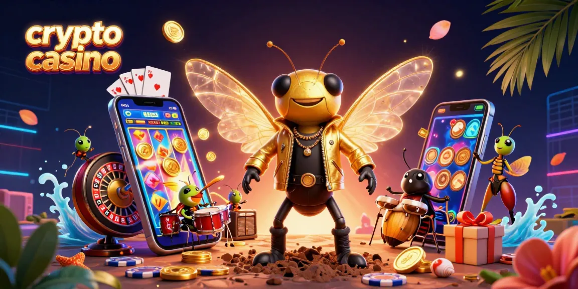 Jouez au crypto casino avec ce rock star cartoon émergent du sol, entouré de gains et de jeux.