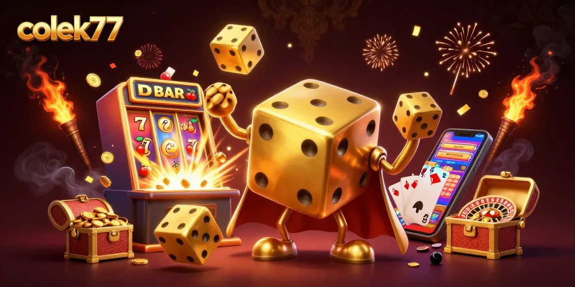 Engage in thrilling casino gameplay with colek77 in a vibrant, dynamic 3D illustration featuring golden dice and slot machines.