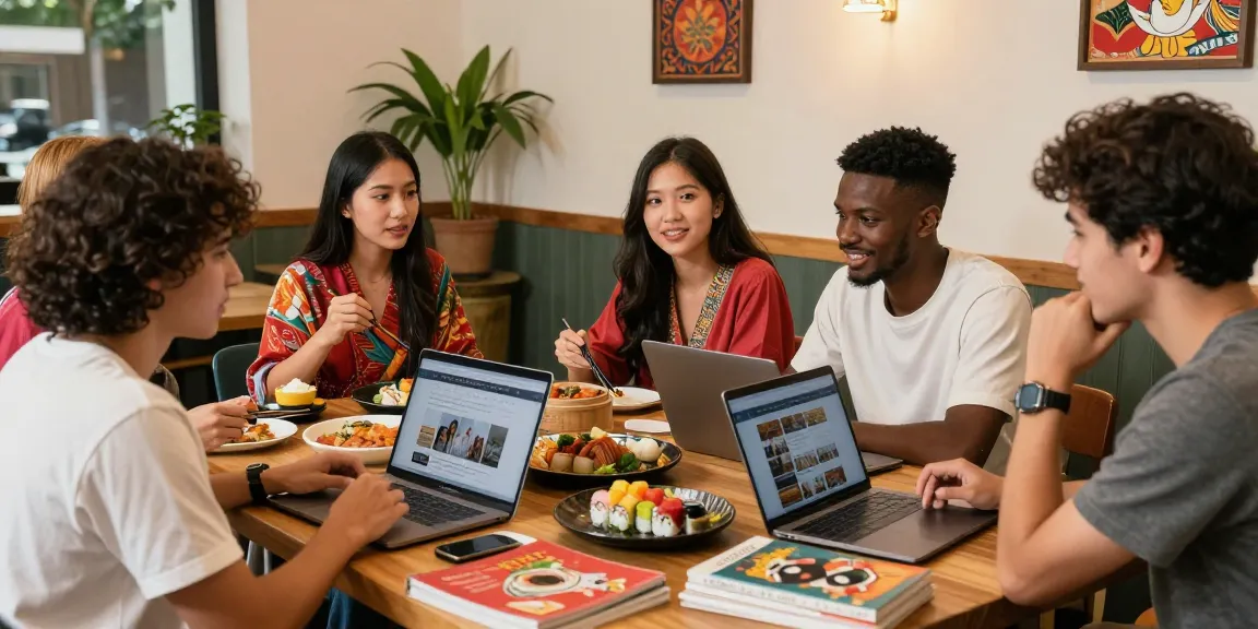 Gathering of friends enjoying Asian culture at https://hanadultalk.com cafe, discussing food and trends