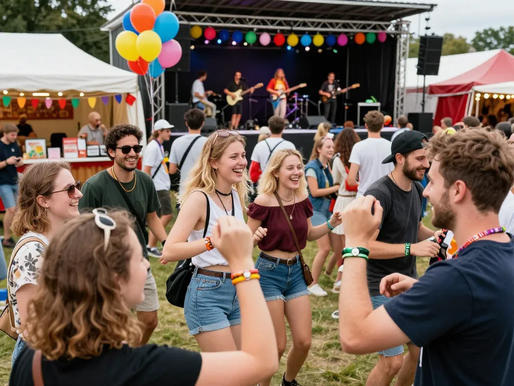 Festival attendees showcasing vibrant einlassband bedruckt wristbands while enjoying live music and food.