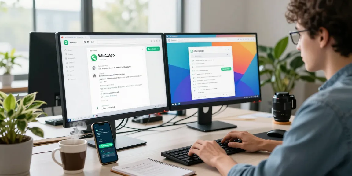 Engaged developer using WhatsApp網頁版 on a desktop in a modern office setting.