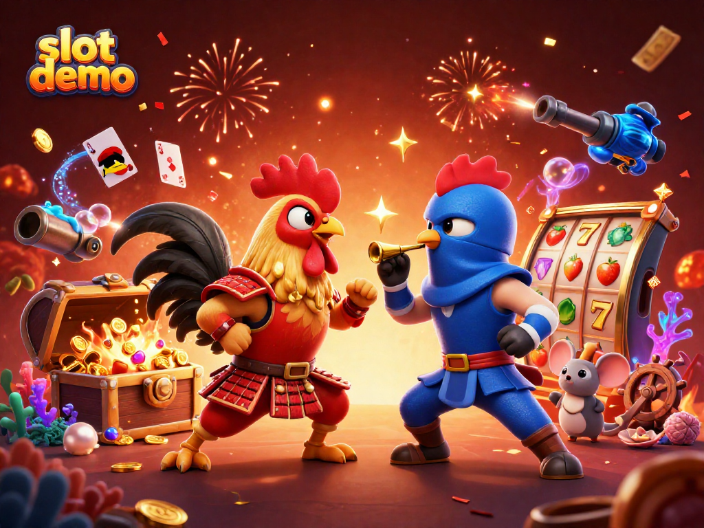 Slot demo menunjukkan dua ayam bertarung dikelilingi elemen permainan menarik dan efek magis yang menambah kegembiraan!