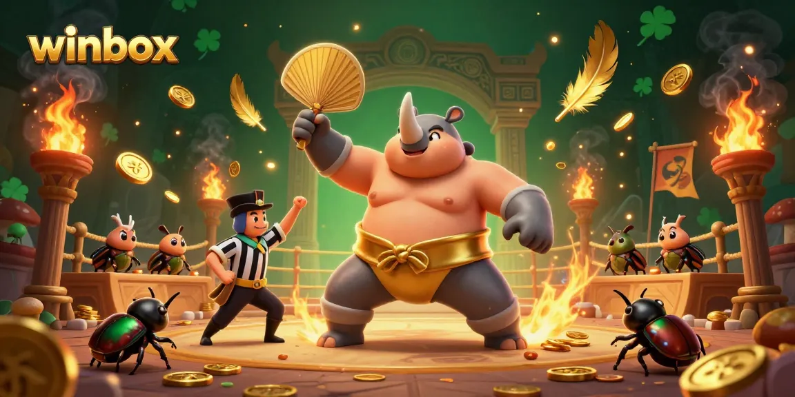 Experience the excitement at winbox where golden coins fly as the beetle sumo champion competes in the online casino arena.