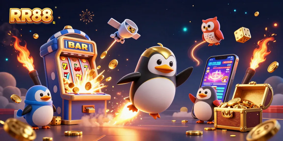 Experience the excitement of RR88 with a golden penguin flying toward a jackpot explosion.