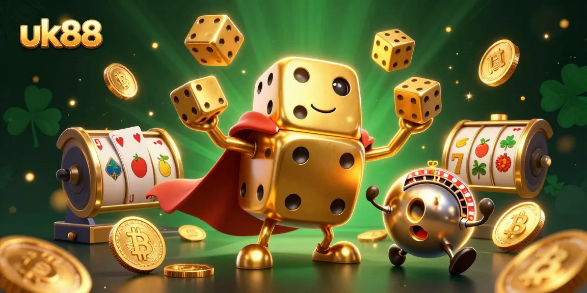 Engage with uk88 through vibrant slot imagery featuring dynamic golden dice and blockchain coins.