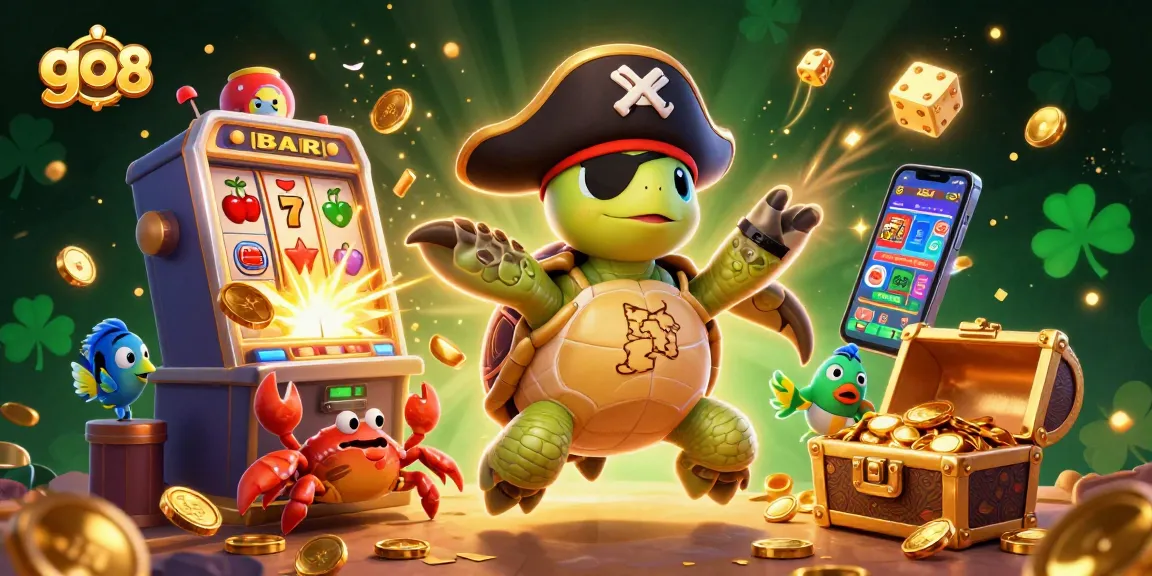 Engage with exciting go 88 casino adventures featuring a lively pirate turtle surrounded by vibrant gaming elements.