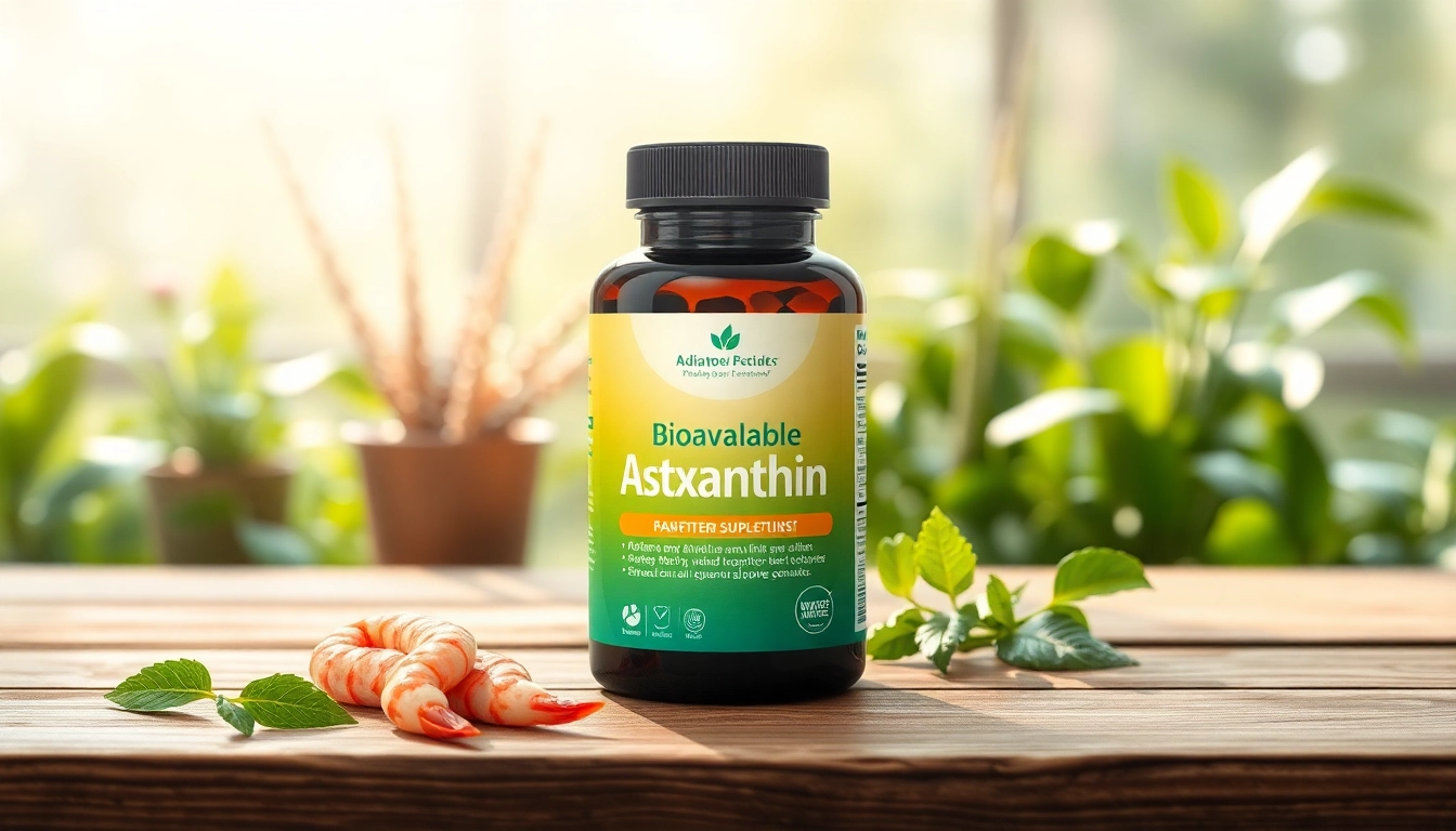 Showcasing a bioavailable astaxanthin supplement bottle surrounded by natural elements.