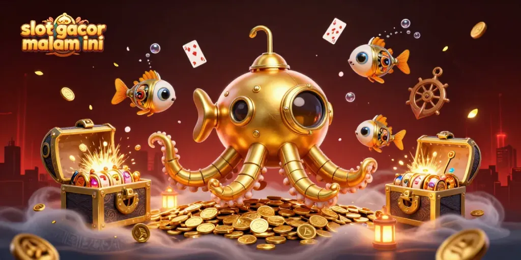 Mengungkap slot gacor malam ini dengan ilustrasi 3D yang menampilkan kraken emas dan elemen kasino menarik