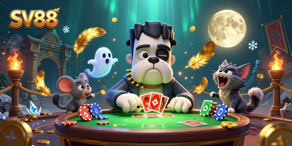 SV88 showcases a playful 3D bulldog monster dealing cards at a haunted table full of casino elements.