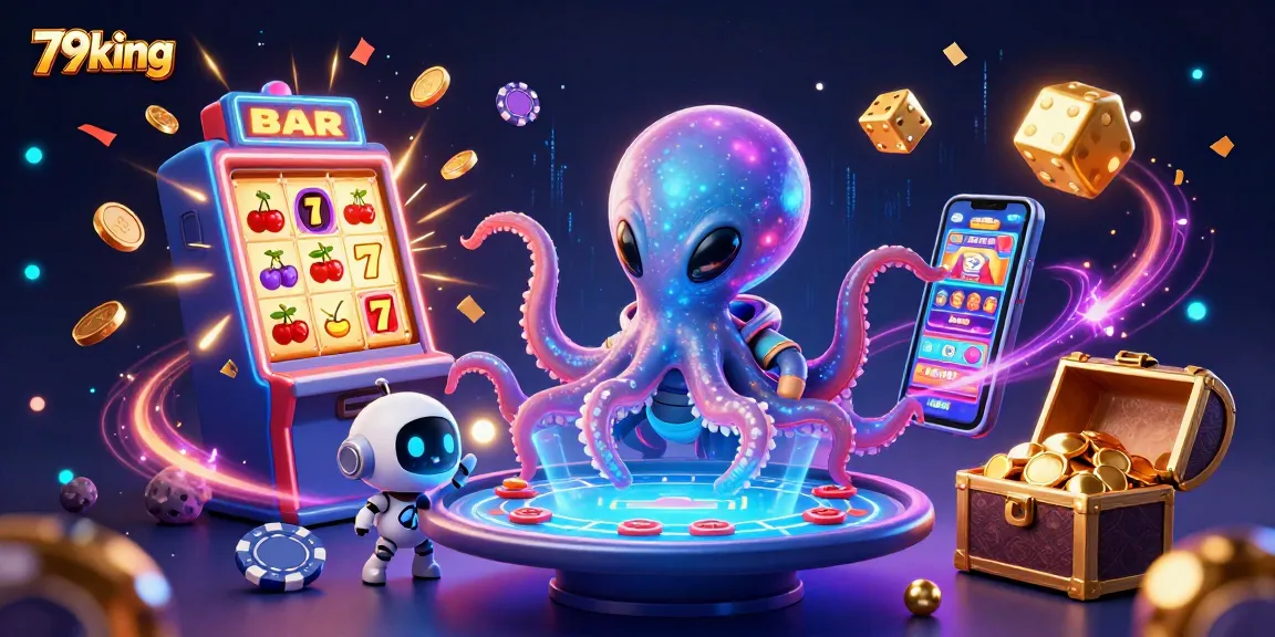 79king showcases a thrilling cosmic poker scene with an octopus and robot at a floating table.