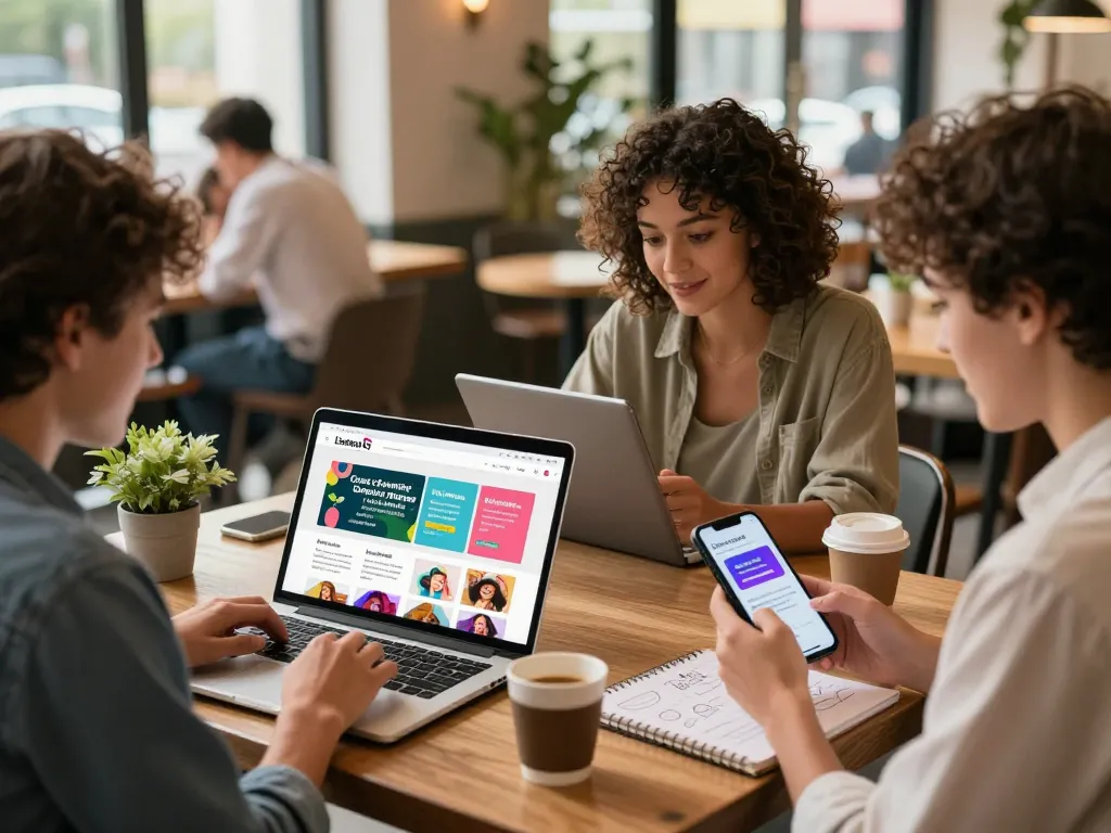 People engaging with Lanka Ads on digital devices in a warm coffee shop environment.