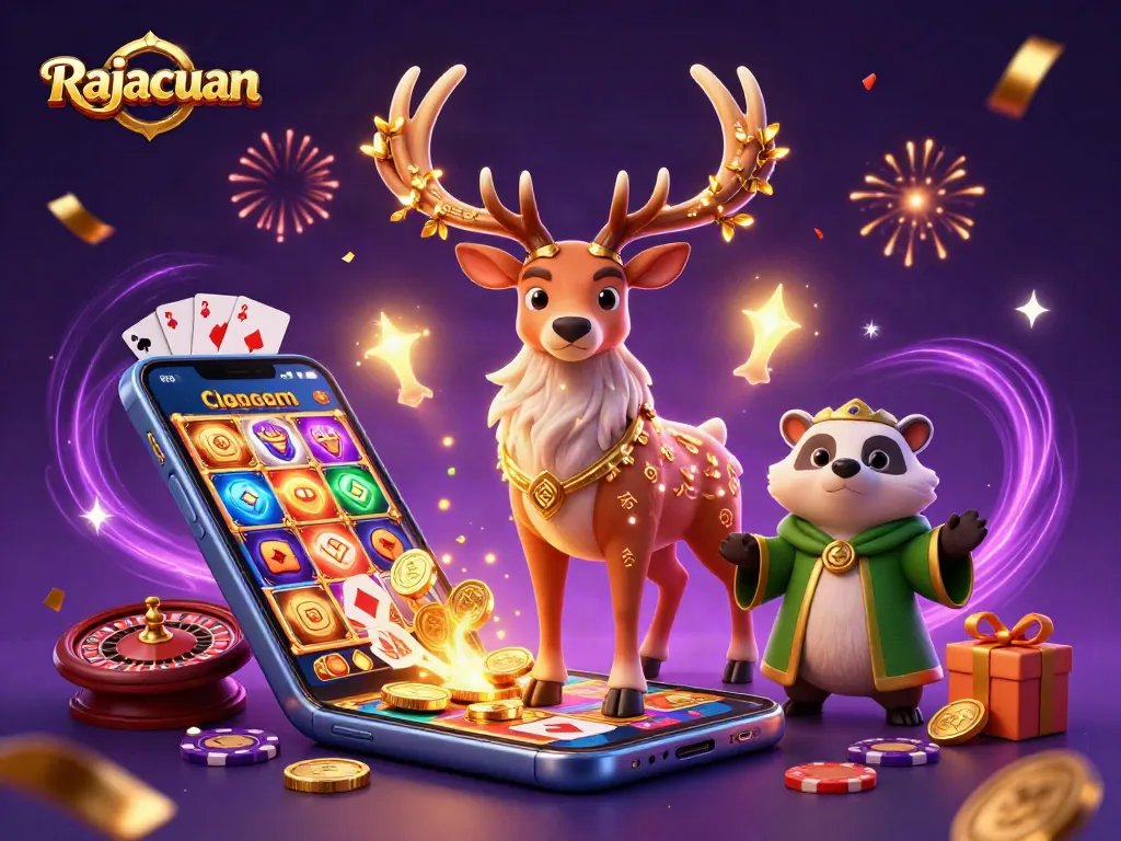 Experience the thrill of Rajacuan with a vibrant illustration of slot games and casino elements.