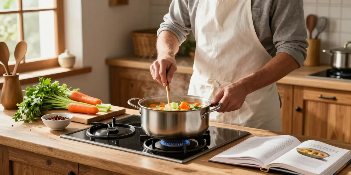 Hausgemachte Klare Suppe, die in einer gemütlichen Küche mit frischem Gemüse und Kräutern zubereitet wird.