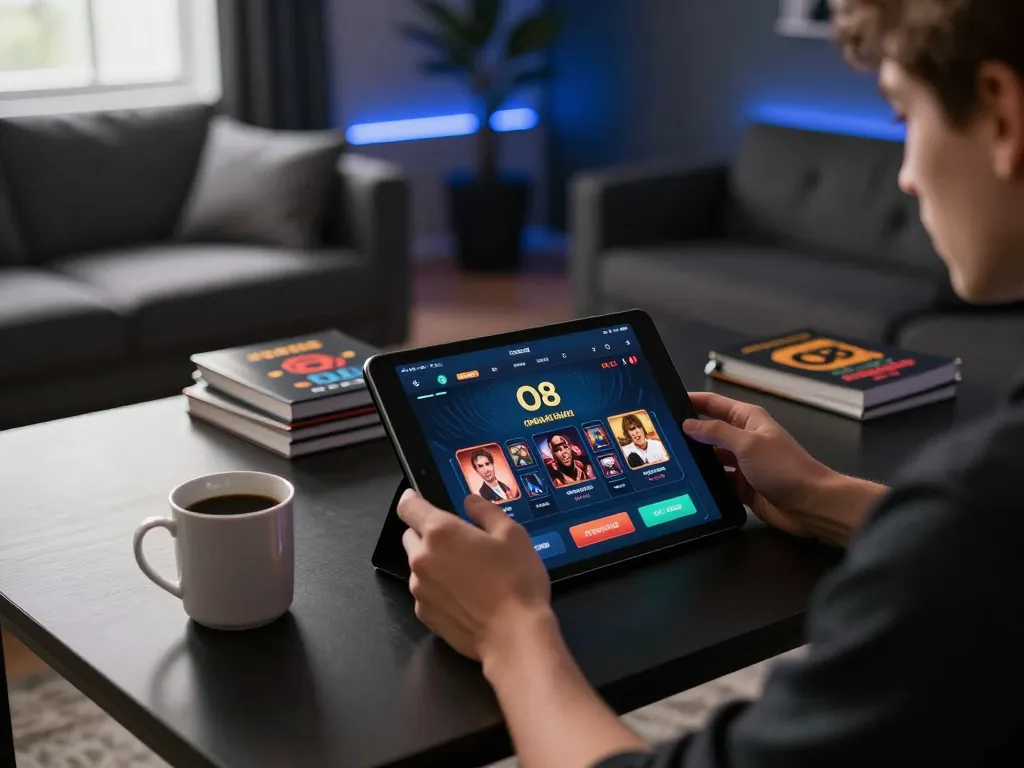 O8 user enjoying online gaming at home tablet, showcasing interactive betting experience.