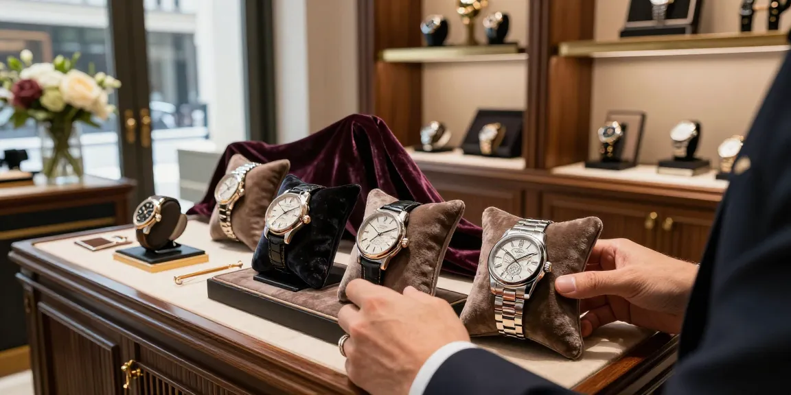 Luxury boutique display showcasing high-quality replica watches with intricate designs and craftsmanship.