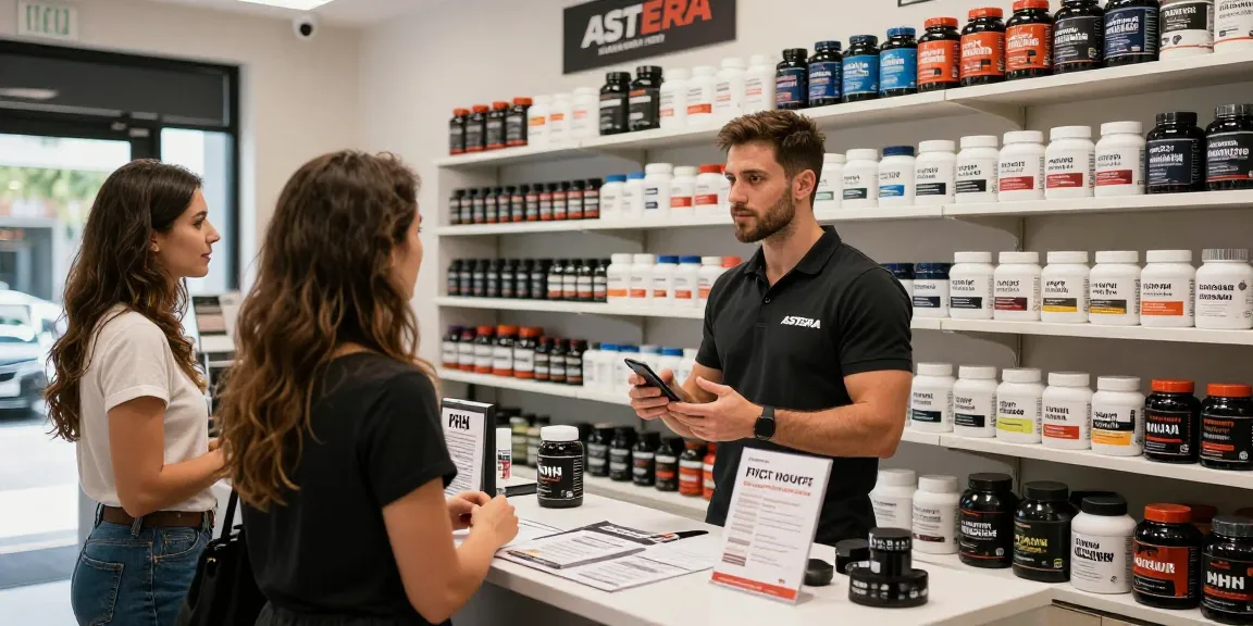 Astera Shop showcasing a variety of steroids and supplements with engaging staff and bright atmosphere.