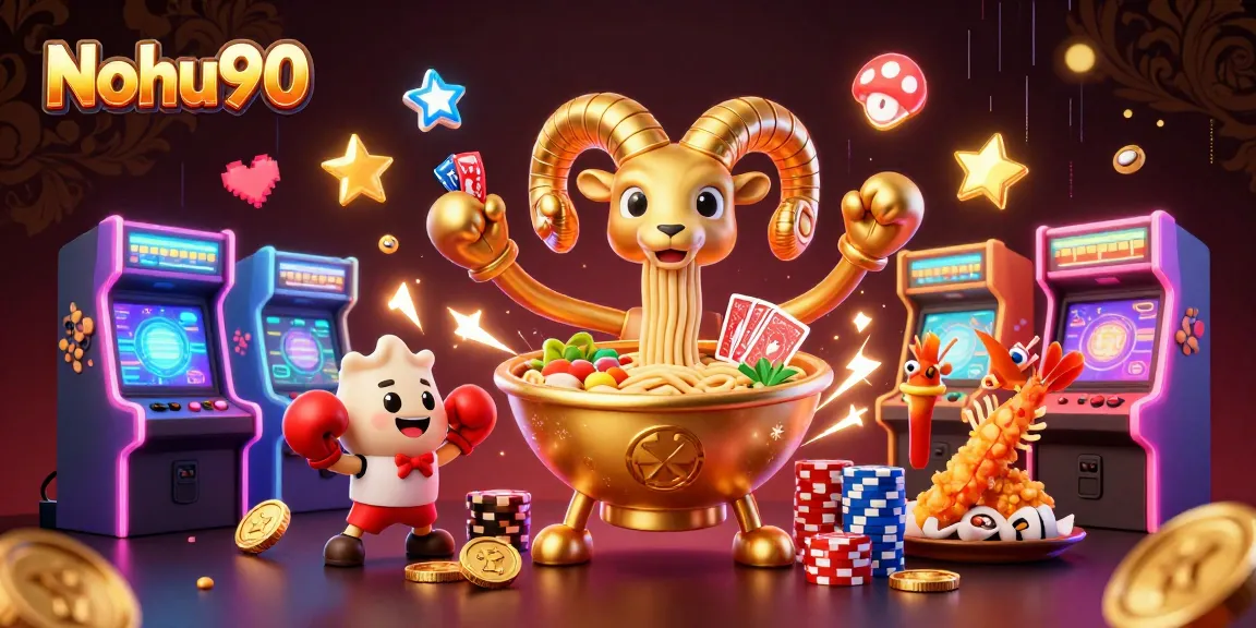 Nohu90 players spinning giant slot reels and stacking chips in a vibrant online casino scene.