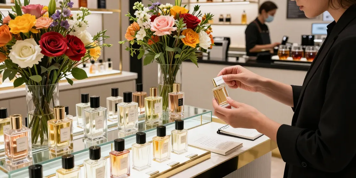 Discovering Long-Lasting Perfumes in a sophisticated boutique with elegant displays and a stylish shopper.