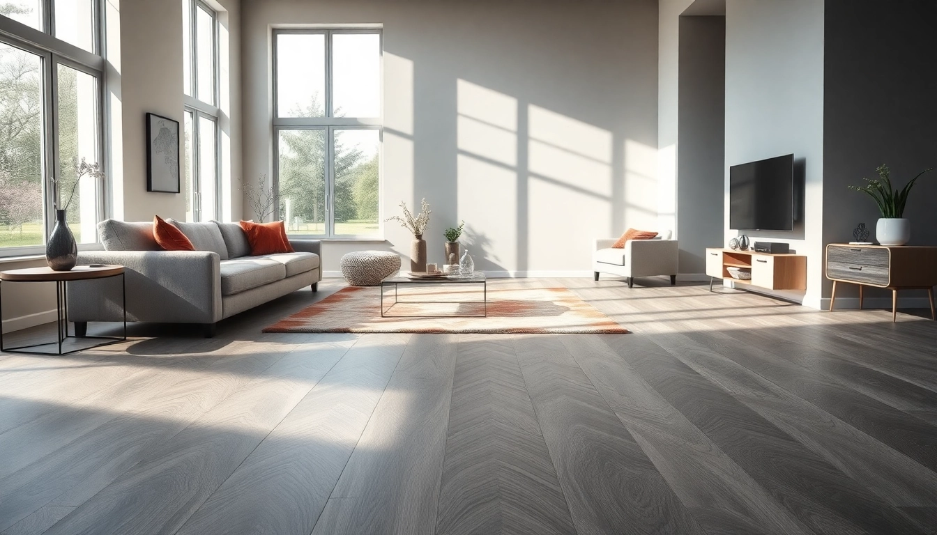 Enhance your space with grey vinyl flooring in a beautifully designed modern living room.