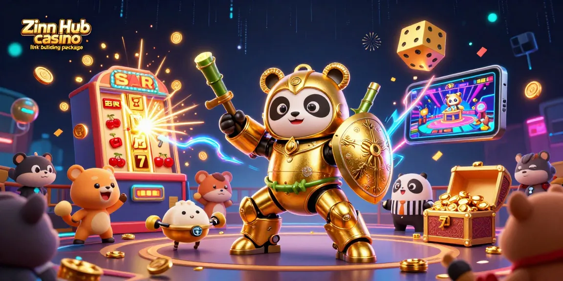 Zinn Hub casino link building package captivating illustration of a golden panda in mech-suit battling with flashy casino elements.