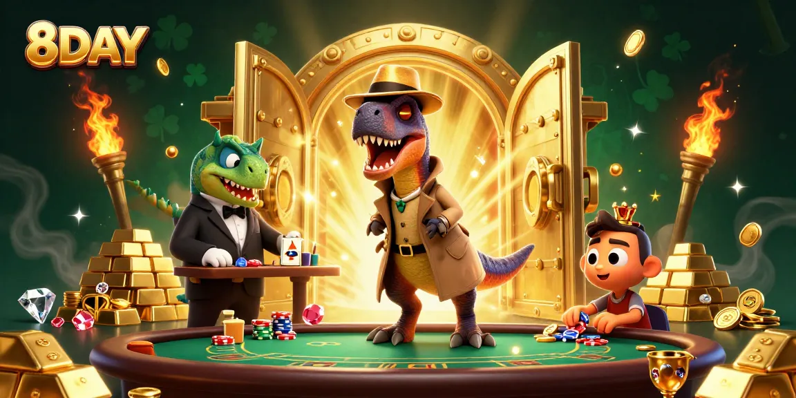8DAY offers an exciting casino experience with vibrant gambling characters and dynamic elements.