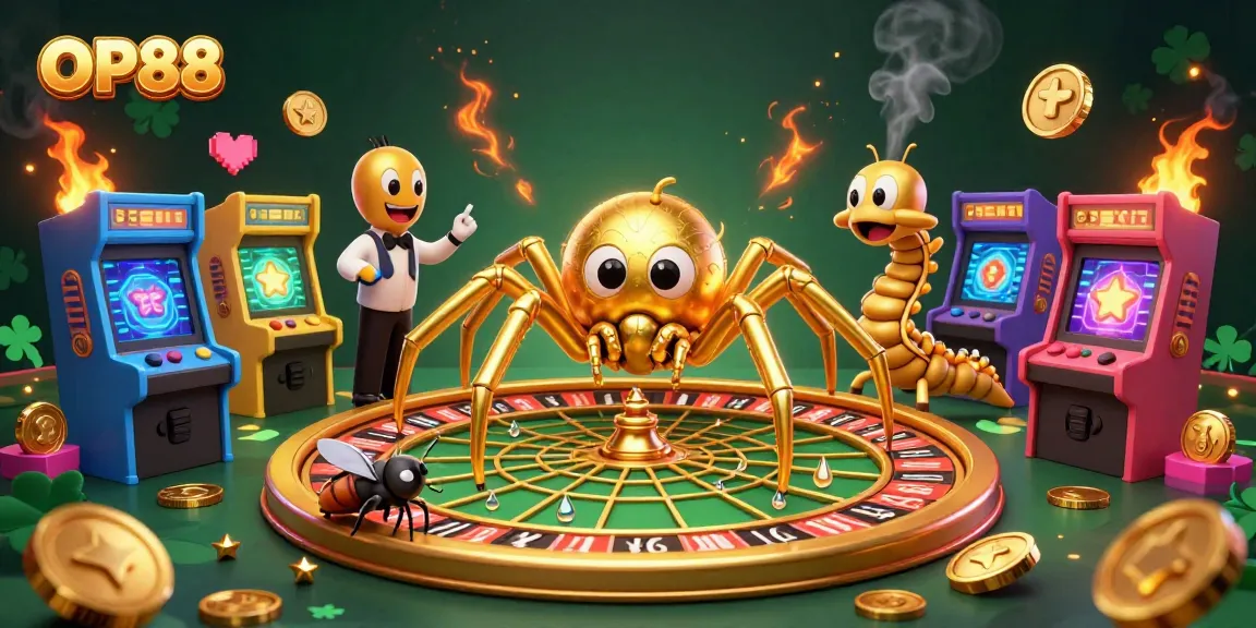 Experience OP88's vibrant 3D casino scene with a roulette wheel and animated characters spinning for bets.