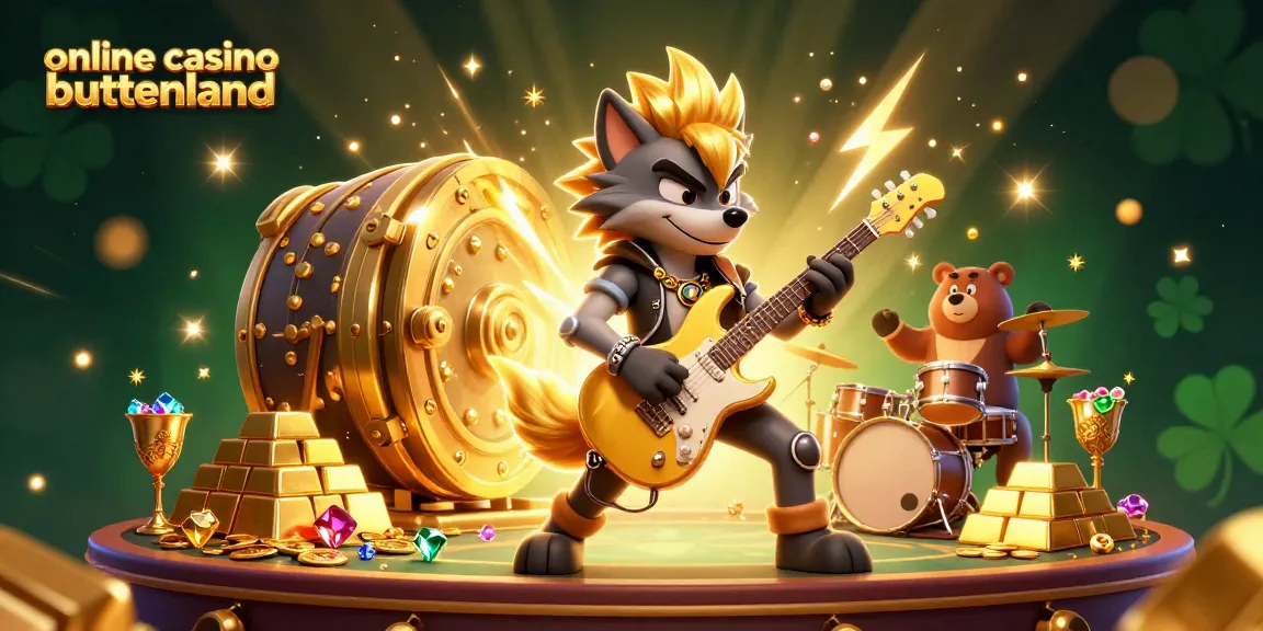 Experience the excitement of online casino buitenland with a vibrant 3D scene featuring a rock star wolf and treasure.