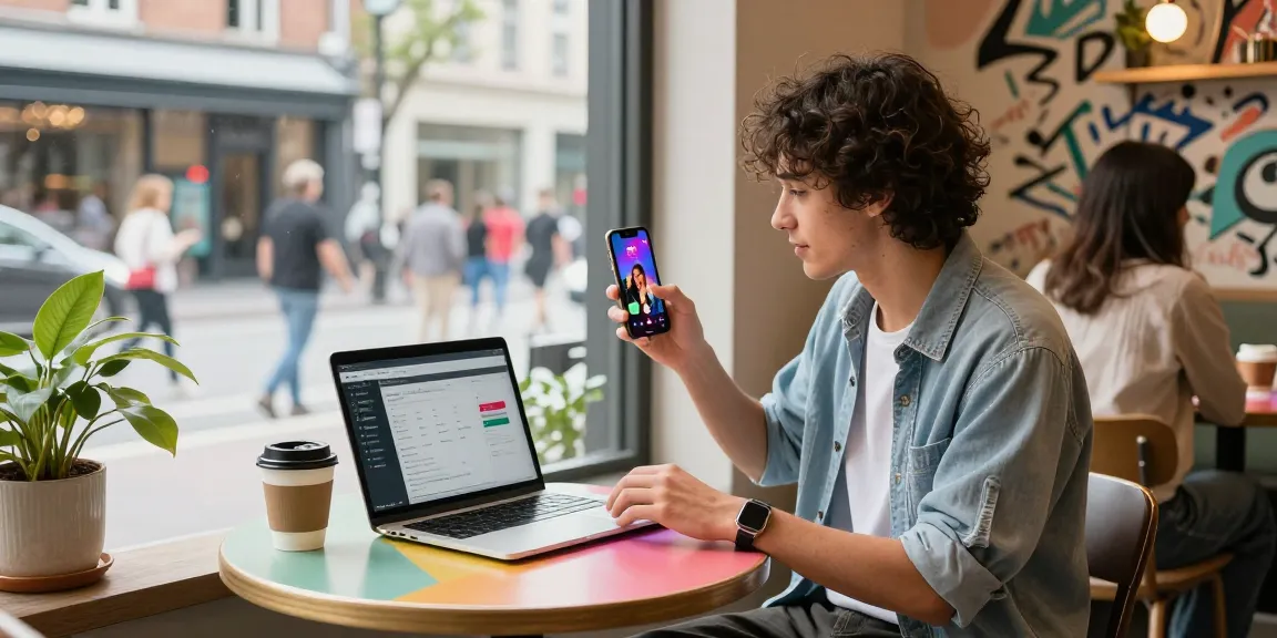 TikTok Follower kaufen und Social Media Engagement steigern in stilvollem Café mit Influencer.
