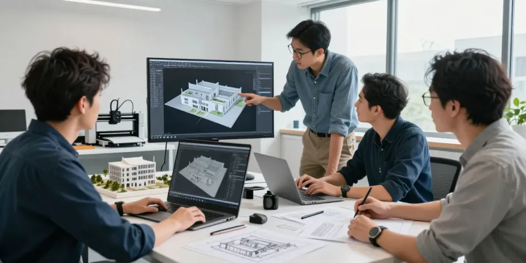 Collaborative team working on 3D modelling in a modern architectural studio.