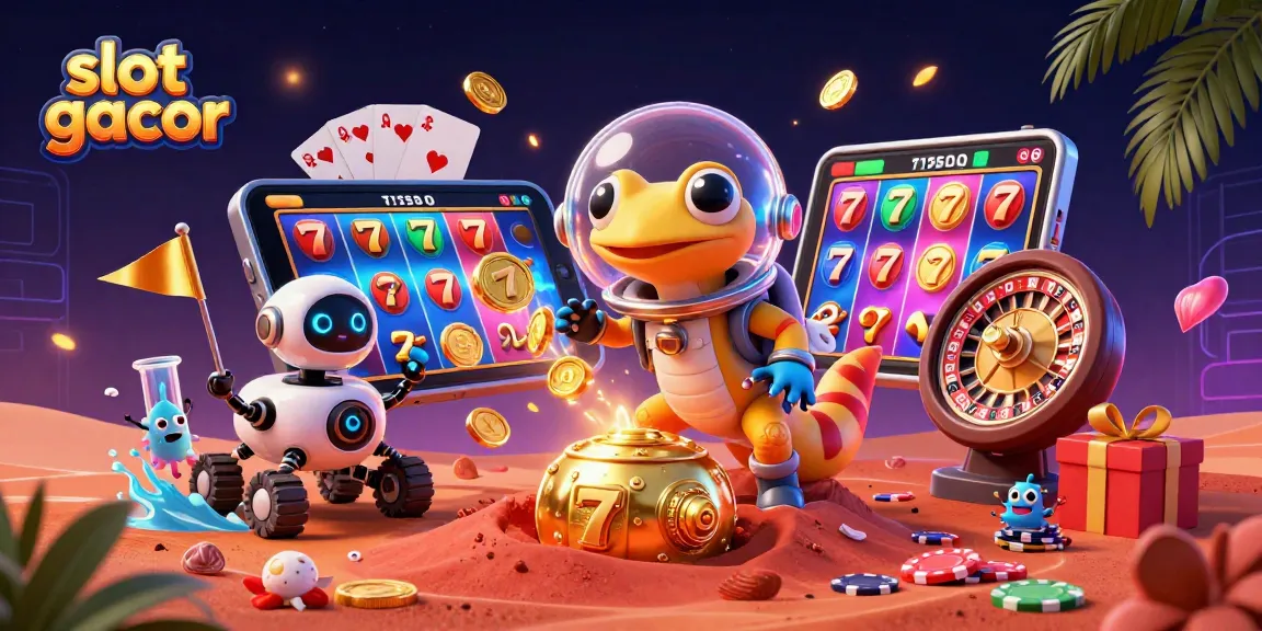 Engage with slot gacor adventures in this vibrant 3D scene showcasing a Martian gecko and exciting casino elements.