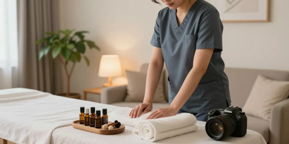 Providing 마포출장안마 in a relaxing home setting with professional massage tools and calming decor.