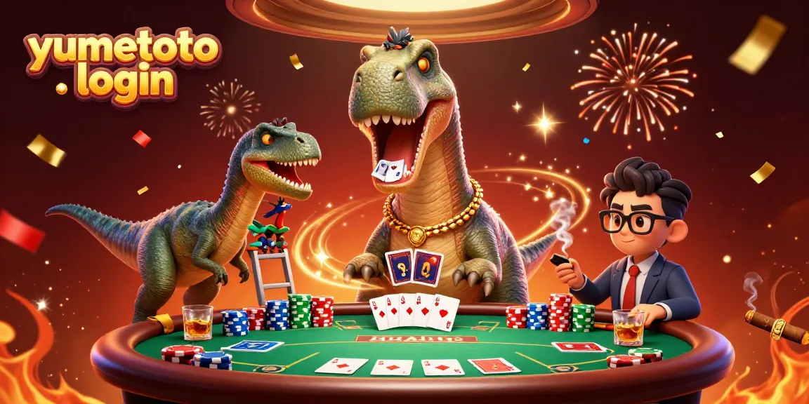 Masuk ke yumetoto login dengan karakter unik dalam suasana kasino yang meriah dan permainan poker yang semarak.