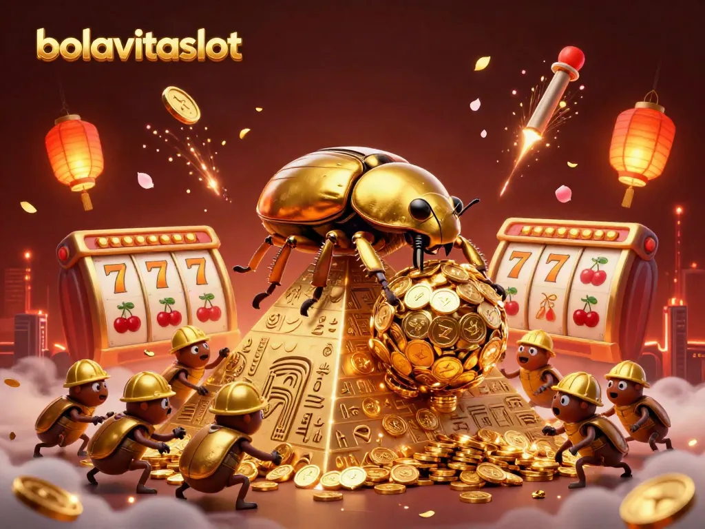 Engage with bolavitaslot's thrilling slot experience featuring dynamic golden beetles and casino symbols.