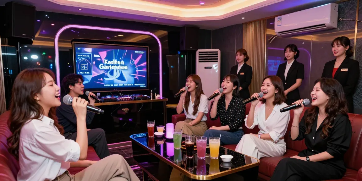 강남가라오케에서 친구들이 노래를 부르며 즐기는 활기찬 밤의 모습