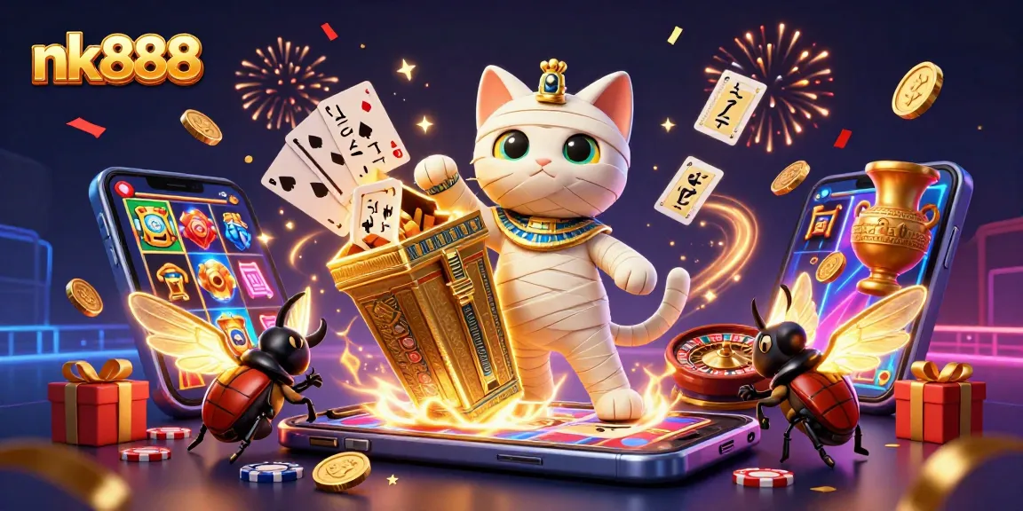 nk888 casino theme featuring a cartoon mummy cat and golden scarab in an energetic gaming scene.