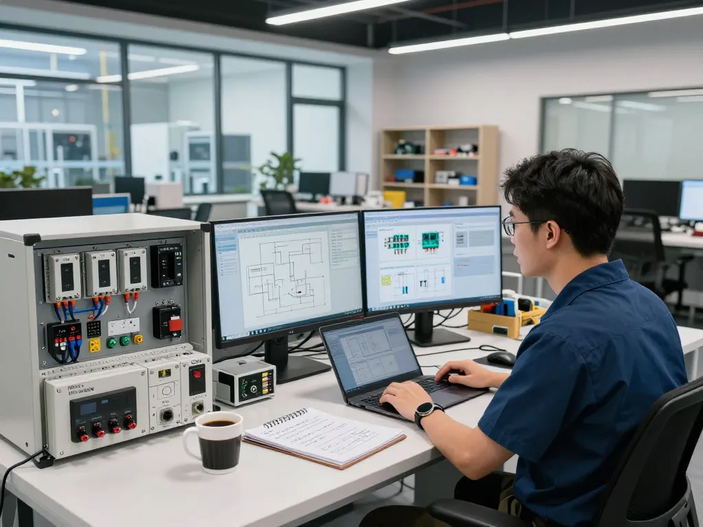 Hải Phòng Tech technician analyzing automation sensors in a modern workspace, showcasing professionalism and advanced technology.