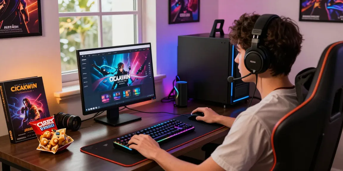 Engaging CICAKWIN gaming platform interface on a laptop with a focused player in a vibrant gaming environment.